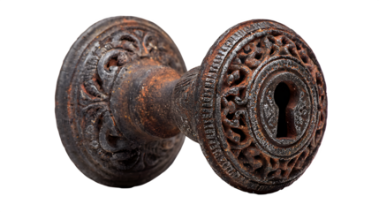 A vintage cast iron doorknob, with an intricate pattern and a visible keyhole, symbolizing antique charm for a rustic door, isolated on a pure Transparent background.