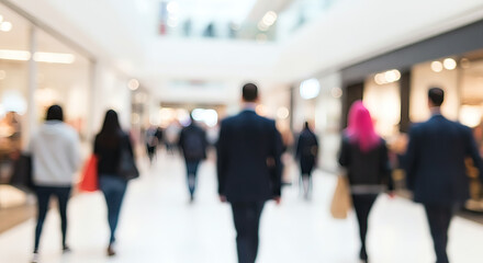 Blurred figures walking through a bustling mall.