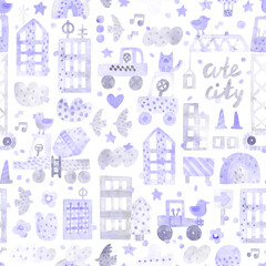 Fototapeta premium Watercolor city. Cartoon skyscraper, construction machines, trees, birds hand drawn illustration. Perfect for kids fabric, textile, nursery wallpaper. Lilac background.