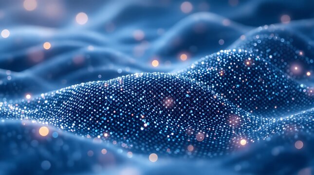 Captivating abstract wave of shimmering blue sequins with soft bokeh lights, evoking digital flow and luxury