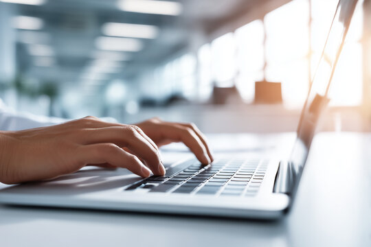 オフィスでノートパソコンを操作する手元