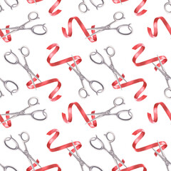 Vintage scissors cutting red ribbon seamless pattern. Hand-painted watercolor illustration isolated on white for grand opening events, business launches, ceremonies, for branding, printing on textile.