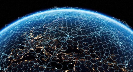 Global network, earth, hexagon grid, lights