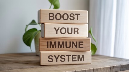 Health and wellness concept with wooden blocks spelling Boost Your Immune System on a wooden table with a green plant.