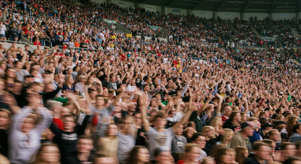 Enthusiastic crowd cheering in a stadium.