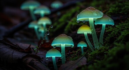 Fototapeta premium Glow-in-the-dark mushrooms in a forest