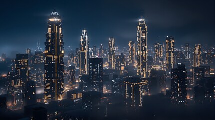 Gleaming futuristic city skyline at night with illuminated skyscrapers and vibrant urban glow