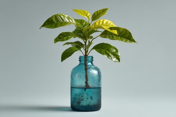 Green plant growing in a blue glass bottle on a light gray background showcasing nature's beauty and simplicity