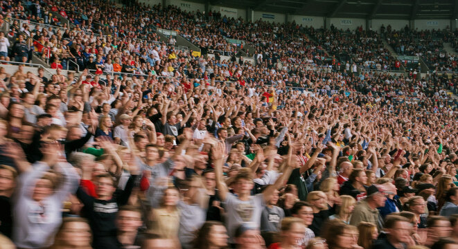 Enthusiastic crowd cheering in a stadium.