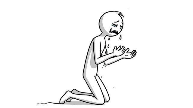 Animated Stick Figure Expressing Sadness, Crying, and Despair on Knees