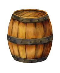 Obraz premium Wooden barrel with metal bands, isolated on white background. Watercolor illustrations for Oktoberfest designs, brewery visuals, rustic decor, or food packaging concepts.