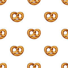 Seamless pattern with salted pretzels, arranged in a white background. Perfect for Oktoberfest packaging, festive textiles, food wrapping, and bakery branding.
