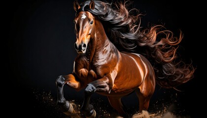A majestic brown horse with a flowing, dark mane and tail runs against a black background, kicking up dust