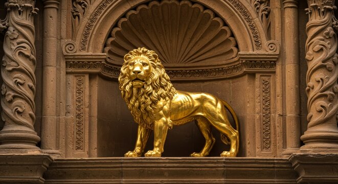 Gleaming golden lion statue amidst intricate stone architecture with elaborate niche