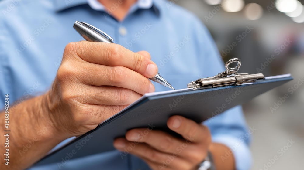 Poster a businessman reviews audit documents with a checklist, ensuring quality in management and evaluatin