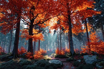 Ember-toned wallpapers featuring vibrant autumn leaves, sunlight filtering through trees. Concept of serene beauty, ember-toned wallpapers, autumn aesthetics enrich scene.