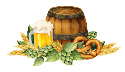 Wooden beer barrel, a frothy beer mug, a pretzel, and decorative hops and wheat. Watercolor illustrations with afor Oktoberfest invitations, pub menus, brewery branding, and seasonal packaging.