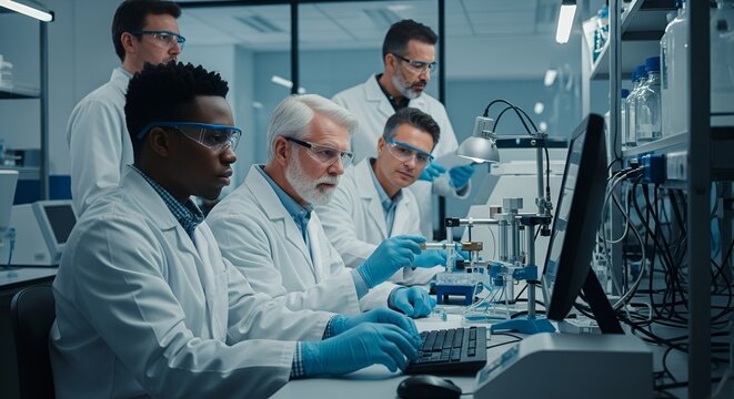 Diverse Team of Scientists Working in a Modern Research Laboratory, Performing Experiments and Analyzing Data on Computer, Medical Research and Development Concept