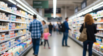 Blurred view of grocery store shoppers.