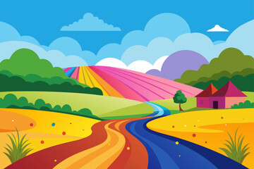 Obraz premium Colorful Holi Powder Dust Over a Farmland Path Vector