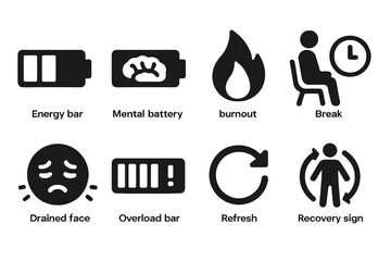Energy icon set: battery, mental state, burnout, break, stress, overload, refresh, recovery