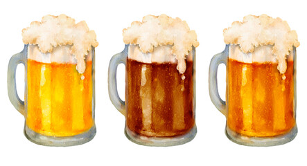 Three beer mugs filled with light, dark, and amber beer, topped with rich foam. Watercolor illustration of isolated on white background. For Oktoberfest, pub menus, brewing ads, beer-themed designs
