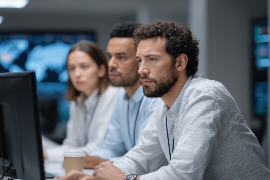 diverse group of it professionals engaged in intense cybersecurity meeting analyzing data