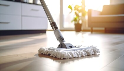 A mop cleans a light wood floor in a sunlit room