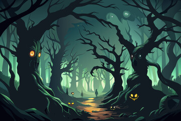 Creepy Forest with Twisted Trees and Glowing Eyes