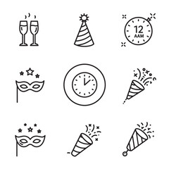 Fototapeta premium Festive new year and party icons in a simple outline style for invitations and designs