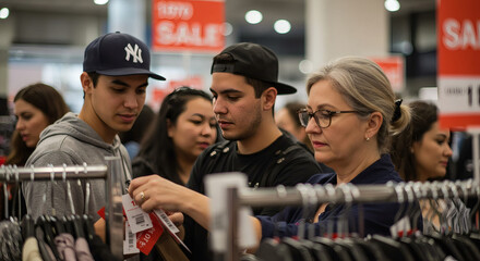 Customers browsing clothes in a retail store.