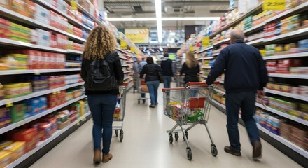 Shoppers navigate a supermarket aisle filled with colorful products.