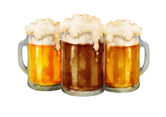 Watercolor illustration of three beer mugs with foam: two light beers and one dark beer in the center. Isolated on white background. Great for Oktoberfest-themed materials, bar designs, party invites