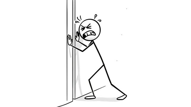 Animated Stick Figure Struggles to Push a Door, Showing Frustration and Effort