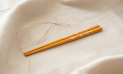 Golden chopsticks on cream fabric with string