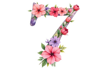Number seven filled with watercolor-style pink, red, and purple flowers on white background, symbolizing nature, spring, and elegance