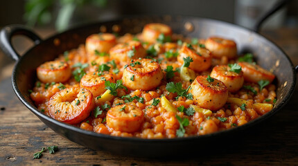 a seafood paella in a large cast-iron pan