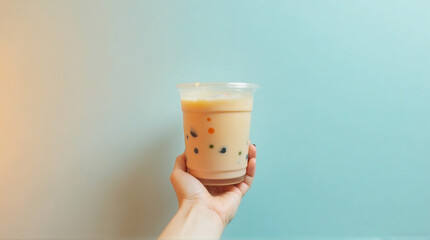 a hand holding bubble tea against a pastel wall