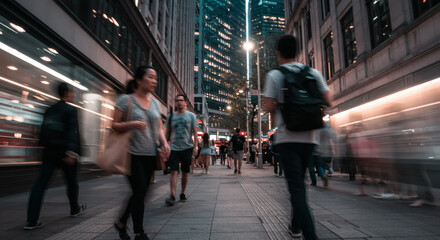 City pedestrians rush along a bustling urban sidewalk.