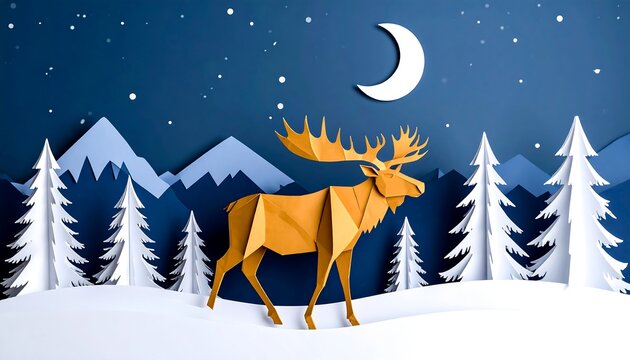 Paper Moose in Winter Scene - Powered by Adobe