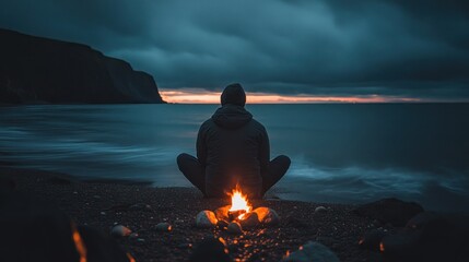 Man sits by fire on beach at twilight