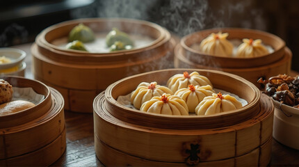 a dim sum set in traditional bamboo steamers