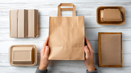 Eco-Friendly Takeaway Bag Being Opened with Food Containers Around