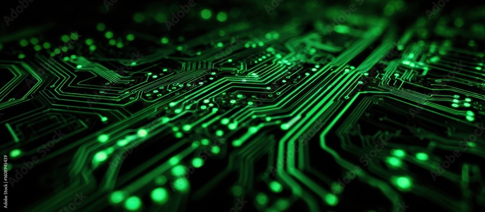 Poster intricate glowing green pathways illuminate a dark electronic circuit board suggesting advanced tech