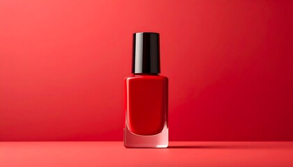 A single bottle of red nail polish against a red background