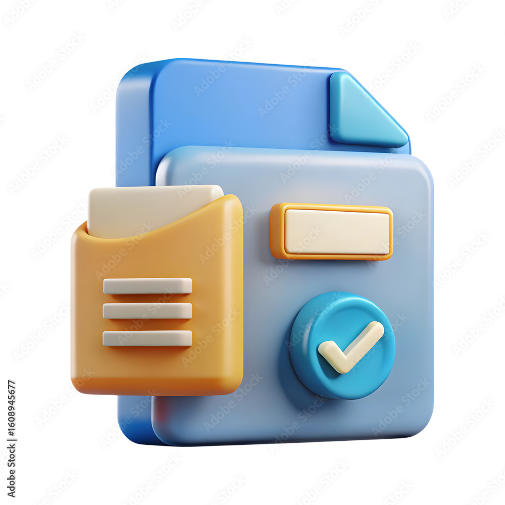 Poster 3d rendered folder with checkmark and document isolated on transparent background