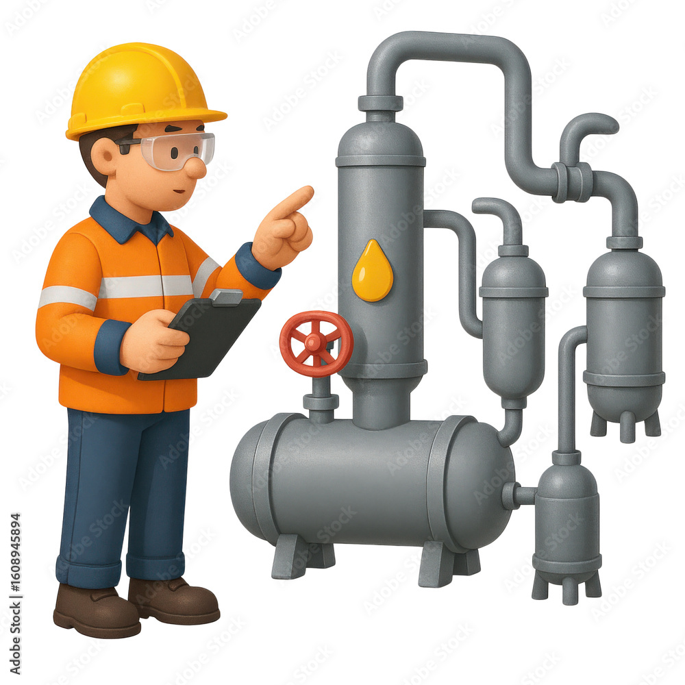 Aufkleber power production hydrocarbon concept. engineer with machinery and tools in a work setting.