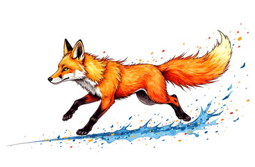 Lively red fox dashing through blue splash with orange accents, hand-drawn style on clean white background, concept of motion and agility