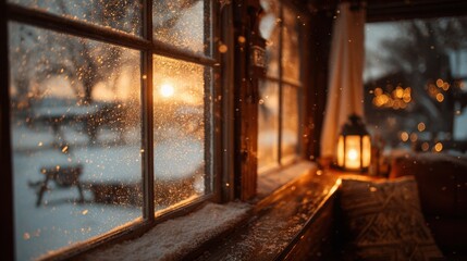 Charming Winter Scene of Snow Covered Window Framed by Frosty Patterns Evoking Cozy Atmosphere Inside