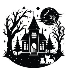 Spooky Halloween haunted house and castle illustration with bats, trees, and pumpkins silhouetted against a full moon at night
